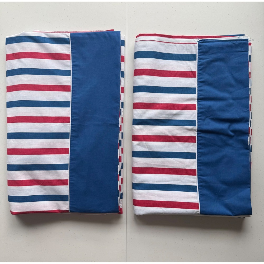 Vintage CANNON Monticello Red White Blue Stripe TWIN Flat Sheets Set Of 2 MCM